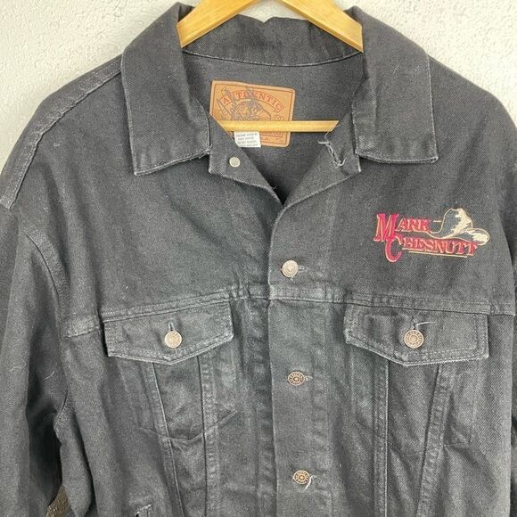 Vintage 90s Mark Chesnutt Embroidered Autographed Black Denim Jean Jacket Size L - Picture 2 of 8